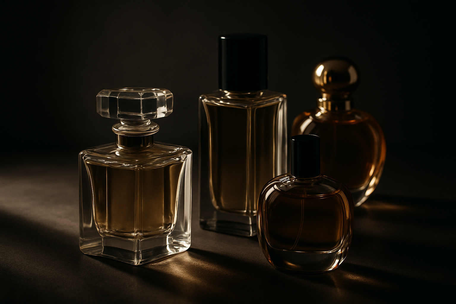 perfumes fondo neutro oscro con iluminacion en el lado izquierdo,